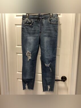 YMI Distressed Dark Blue Cropped elastic drawstring pull on waist. Stretch Jeans